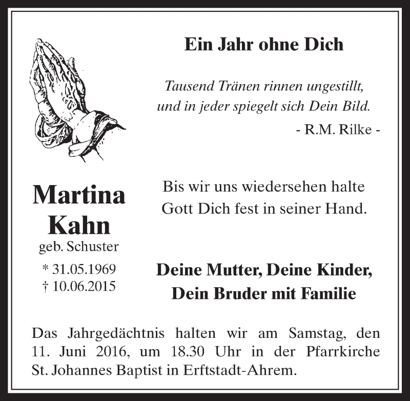  Traueranzeige für Martina Kahn vom 08.06.2016 aus  Werbepost 