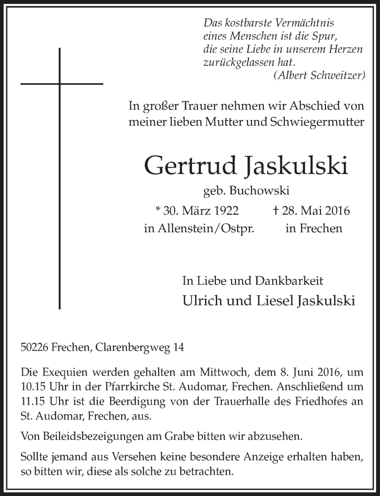  Traueranzeige für Gertrud Jaskulski vom 04.06.2016 aus  Sonntags-Post 