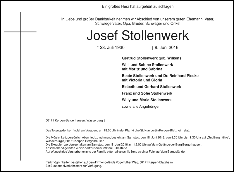  Traueranzeige für Josef Stollenwerk vom 11.06.2016 aus Kölner Stadt-Anzeiger / Kölnische Rundschau / Express