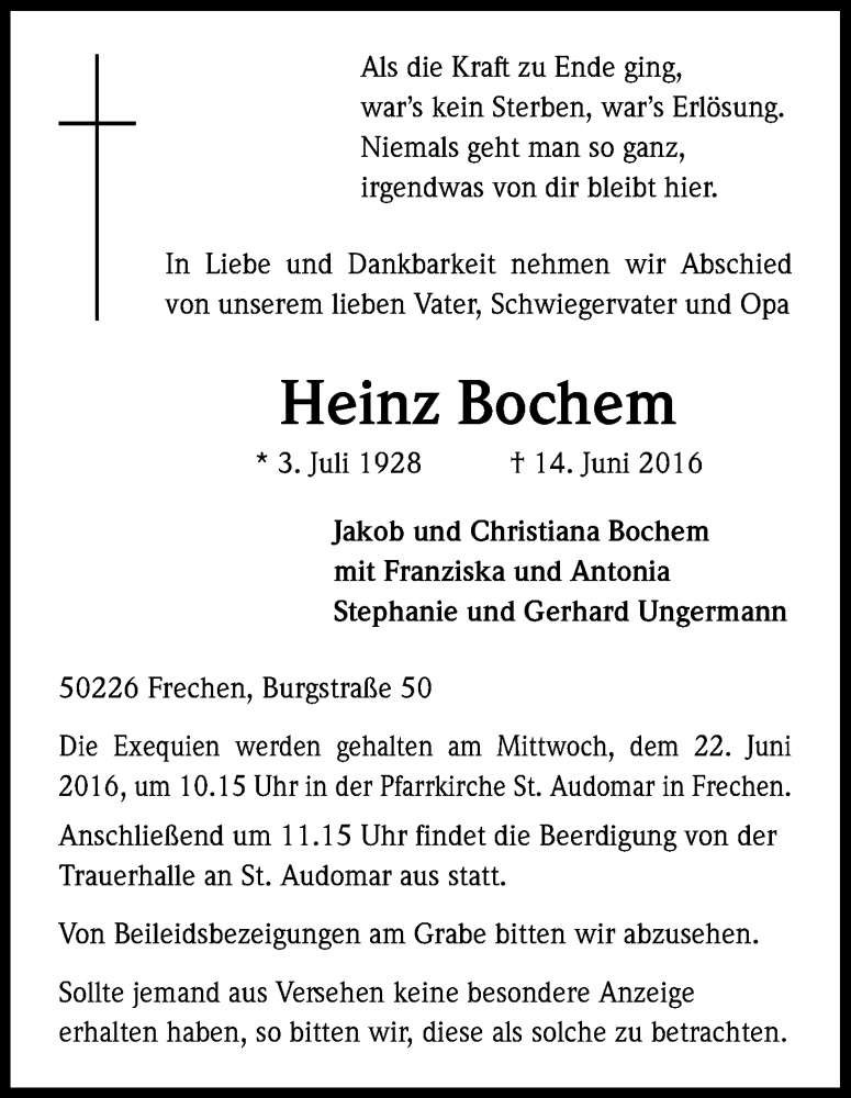  Traueranzeige für Heinz Bochem vom 18.06.2016 aus Kölner Stadt-Anzeiger / Kölnische Rundschau / Express