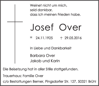 Anzeige von Josef Over von  Schlossbote/Werbekurier 