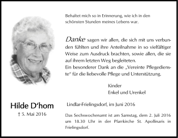Anzeige von Hilde D'hom von Kölner Stadt-Anzeiger / Kölnische Rundschau / Express