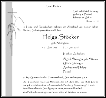 Anzeige von Helga Stöcker von Kölner Stadt-Anzeiger / Kölnische Rundschau / Express