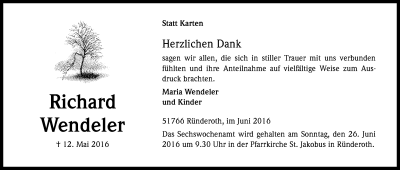  Traueranzeige für Richard Wendeler vom 18.06.2016 aus Kölner Stadt-Anzeiger / Kölnische Rundschau / Express