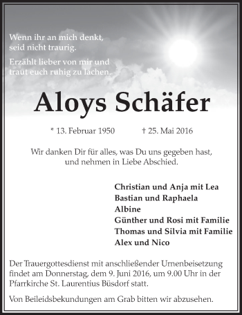 Anzeige von Aloys Schäfer von  Sonntags-Post 