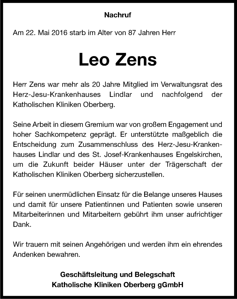  Traueranzeige für Leo Zens vom 04.06.2016 aus Kölner Stadt-Anzeiger / Kölnische Rundschau / Express