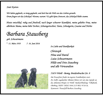 Anzeige von Barbara Stausberg von Kölner Stadt-Anzeiger / Kölnische Rundschau / Express