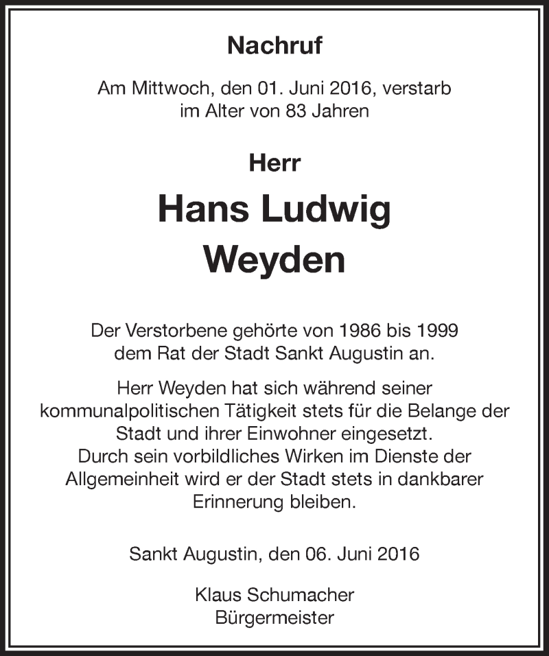  Traueranzeige für Hans Ludwig Weyden vom 15.06.2016 aus  Extra Blatt 