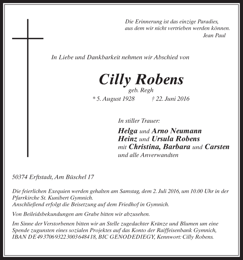  Traueranzeige für Cilly Robens vom 29.06.2016 aus  Werbepost 