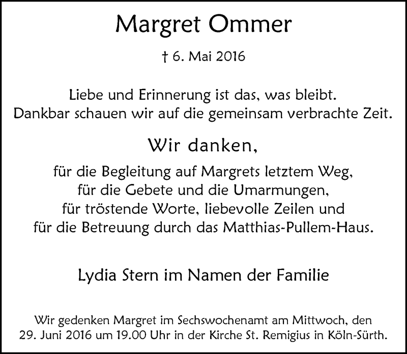  Traueranzeige für Margret Ommer vom 22.06.2016 aus  Kölner Wochenspiegel 