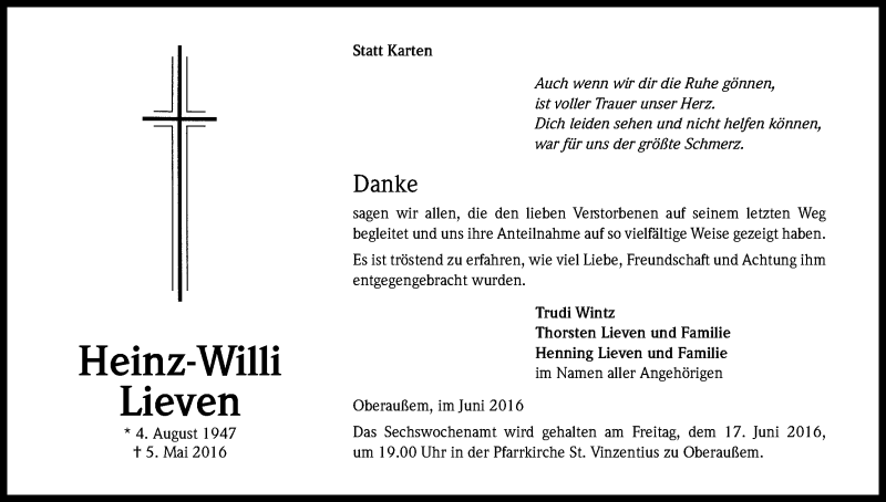  Traueranzeige für Heinz-Willi Lieven vom 11.06.2016 aus Kölner Stadt-Anzeiger / Kölnische Rundschau / Express
