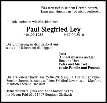 Anzeige von Paul Siegfried Ley von Kölner Stadt-Anzeiger / Kölnische Rundschau / Express
