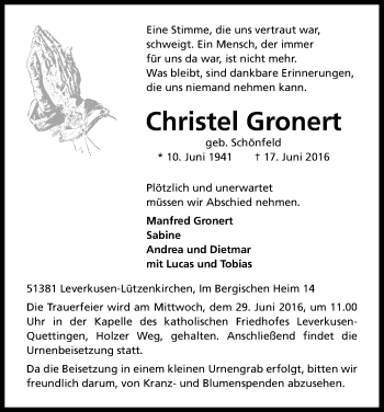 Anzeige von Christel Gronert von Kölner Stadt-Anzeiger / Kölnische Rundschau / Express