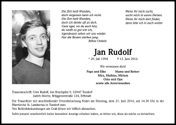 Anzeige von Jan Rudolf von Kölner Stadt-Anzeiger / Kölnische Rundschau / Express