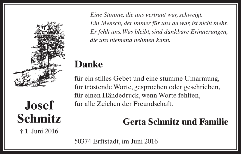  Traueranzeige für Josef Schmitz vom 22.06.2016 aus  Werbepost 