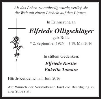 Anzeige von Elfriede Olligschläger von  Wochenende 