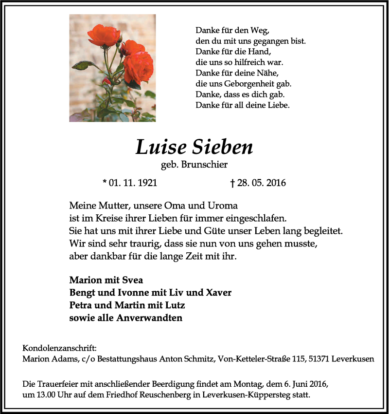  Traueranzeige für Luise Sieben vom 03.06.2016 aus Kölner Stadt-Anzeiger / Kölnische Rundschau / Express