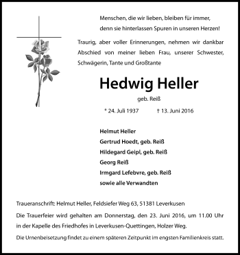 Anzeige von Hedwig Heller von Kölner Stadt-Anzeiger / Kölnische Rundschau / Express