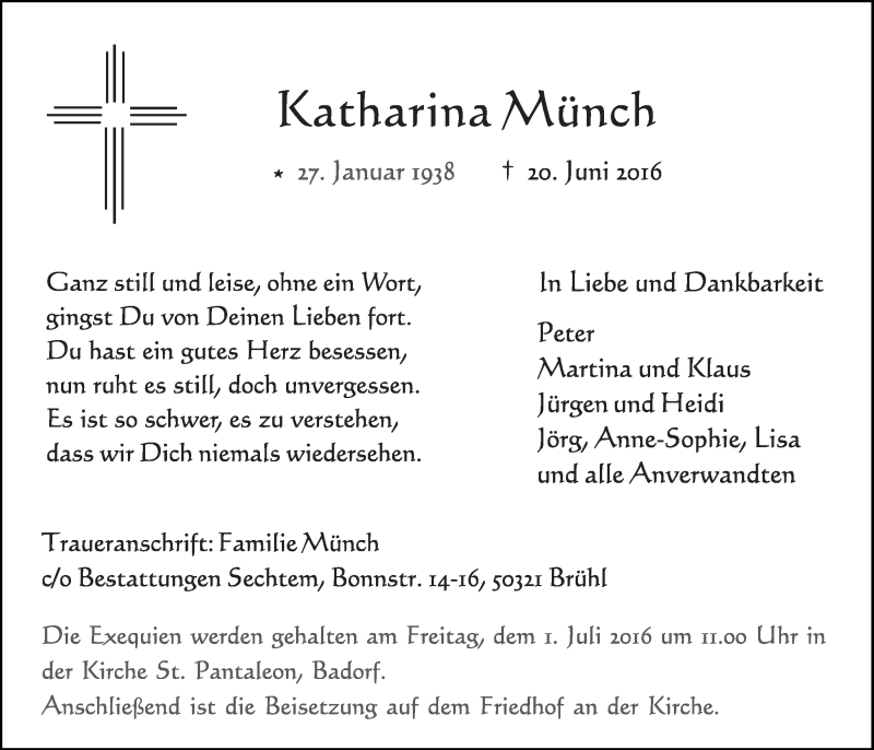  Traueranzeige für Katharina Münch vom 29.06.2016 aus  Schlossbote/Werbekurier 