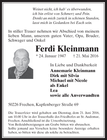 Anzeige von Ferdi Kleinmann von  Wochenende 