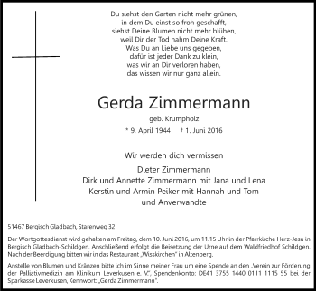 Anzeige von Gerda Zimmermann von Kölner Stadt-Anzeiger / Kölnische Rundschau / Express