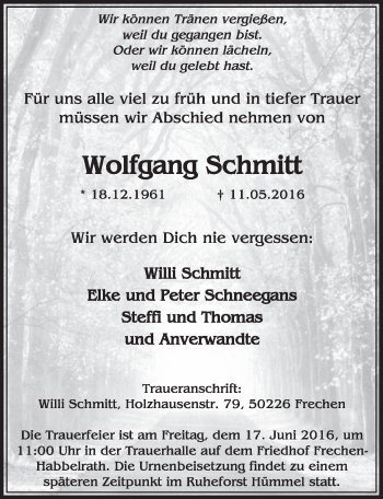 Anzeige von Wolfgang Schmitt von  Sonntags-Post 
