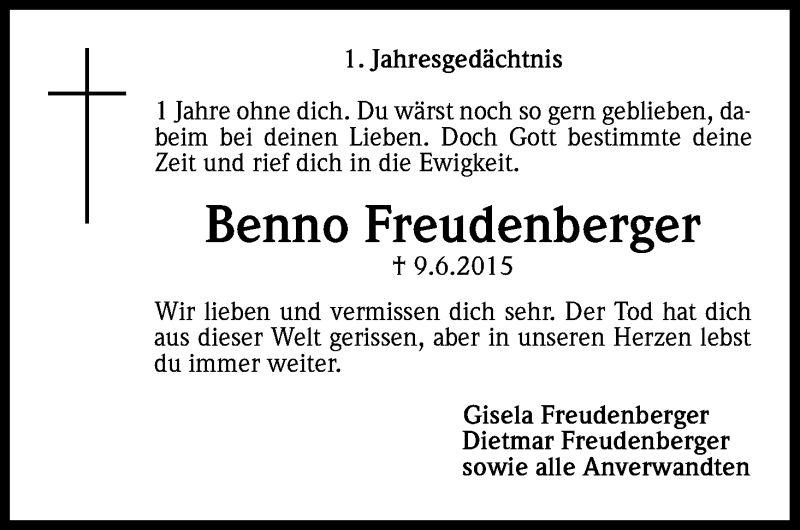  Traueranzeige für Benno Freudenberger vom 09.06.2016 aus Kölner Stadt-Anzeiger / Kölnische Rundschau / Express