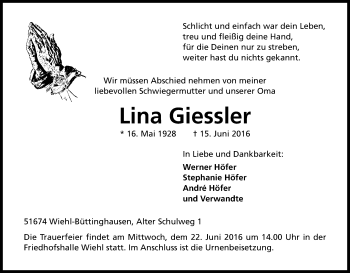 Anzeige von Lina Giessler von Kölner Stadt-Anzeiger / Kölnische Rundschau / Express