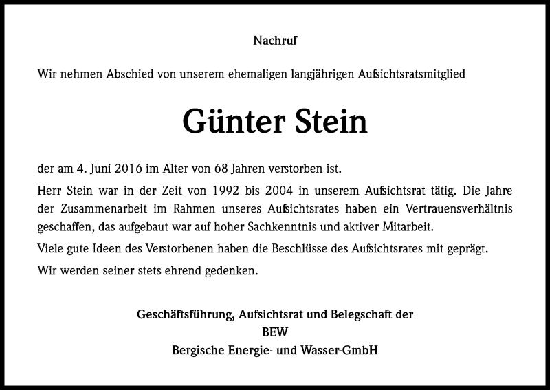  Traueranzeige für Günter Stein vom 15.06.2016 aus Kölner Stadt-Anzeiger / Kölnische Rundschau / Express