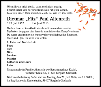Anzeige von Dietmar Paul Altenrath von Kölner Stadt-Anzeiger / Kölnische Rundschau / Express