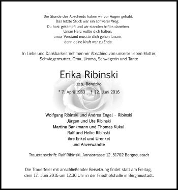 Anzeige von Erika Ribinski von Kölner Stadt-Anzeiger / Kölnische Rundschau / Express