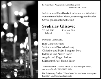 Anzeige von Svetislav Glisovic von Kölner Stadt-Anzeiger / Kölnische Rundschau / Express
