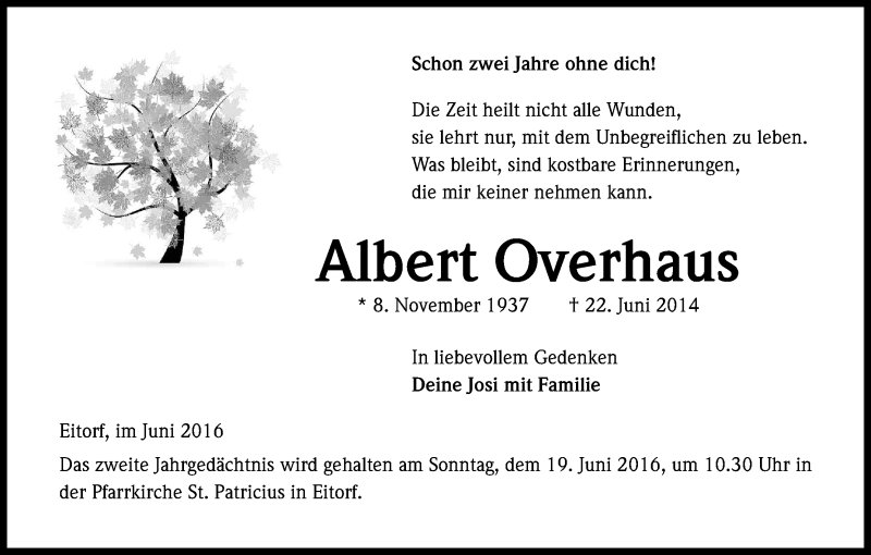  Traueranzeige für Albert Overhaus vom 17.06.2016 aus Kölner Stadt-Anzeiger / Kölnische Rundschau / Express