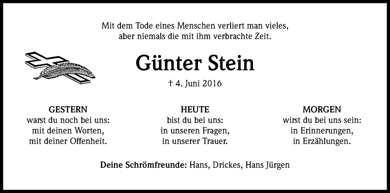  Traueranzeige für Günter Stein vom 11.06.2016 aus Kölner Stadt-Anzeiger / Kölnische Rundschau / Express