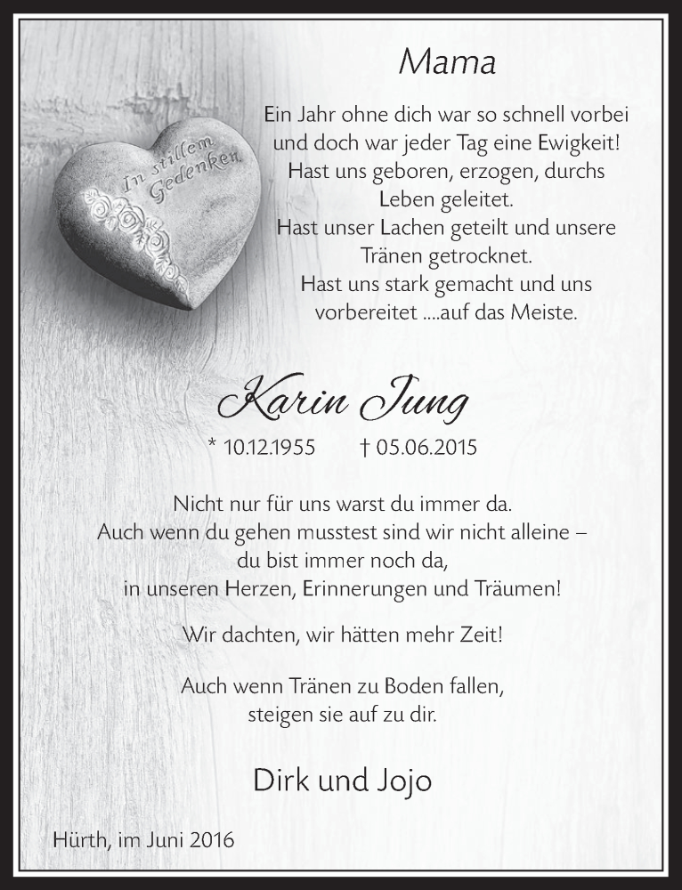  Traueranzeige für Karin Jung vom 15.06.2016 aus  Wochenende 