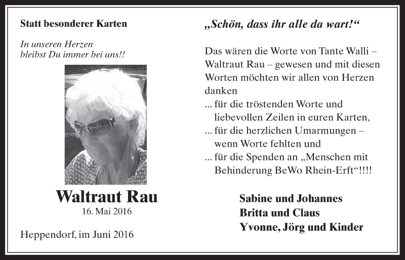 Traueranzeige für Waltraut Rau vom 29.06.2016 aus  Werbepost 