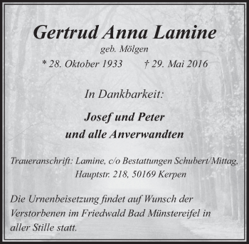 Anzeige von Gertrud Anna Lamine von  Sonntags-Post 