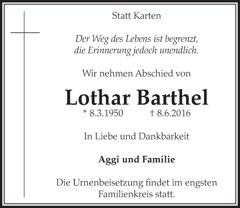  Traueranzeige für Lothar Barthel vom 15.06.2016 aus  Schlossbote/Werbekurier 