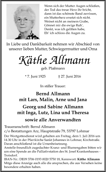 Anzeige von Käthe Allmann von Kölner Stadt-Anzeiger / Kölnische Rundschau / Express