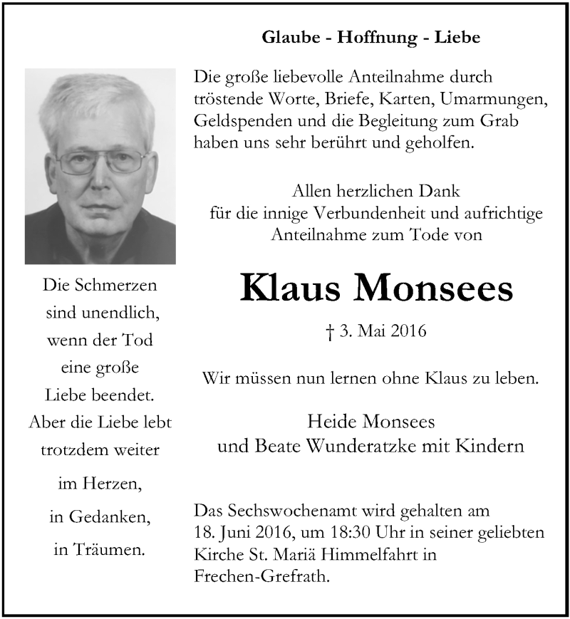  Traueranzeige für Klaus Monsees vom 04.06.2016 aus  Sonntags-Post 