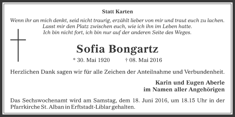  Traueranzeige für Sofia Bongartz vom 08.06.2016 aus  Werbepost 