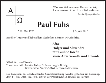 Anzeige von Paul Fuhs von  Sonntags-Post 