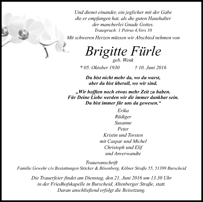  Traueranzeige für Brigitte Fürle vom 17.06.2016 aus Kölner Stadt-Anzeiger / Kölnische Rundschau / Express