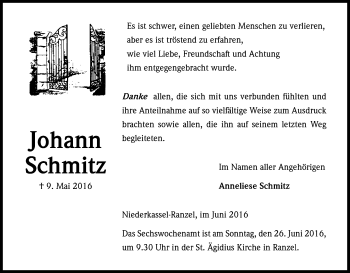 Anzeige von Johann Schmitz von Kölner Stadt-Anzeiger / Kölnische Rundschau / Express