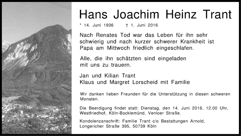  Traueranzeige für Hans Joachim Heinz Trant vom 04.06.2016 aus Kölner Stadt-Anzeiger / Kölnische Rundschau / Express