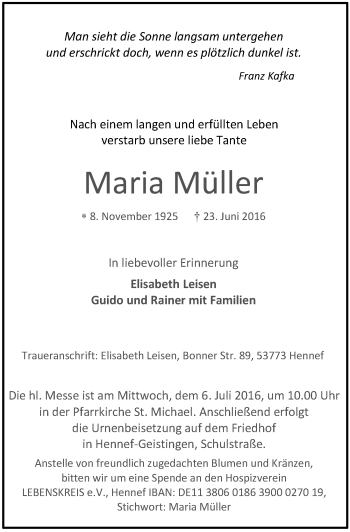 Anzeige von Maria Müller von  Extra Blatt 