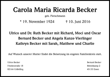 Anzeige von Carola Maria Ricarda Becker von Kölner Stadt-Anzeiger / Kölnische Rundschau / Express