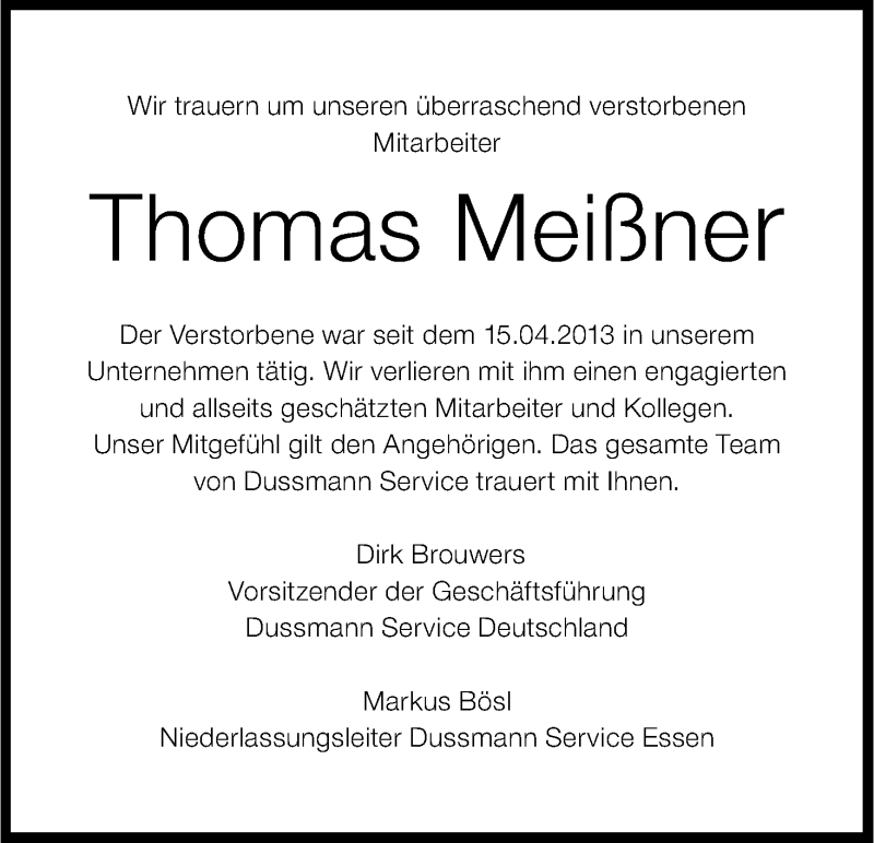  Traueranzeige für Thomas Meißner vom 02.06.2016 aus Kölner Stadt-Anzeiger / Kölnische Rundschau / Express