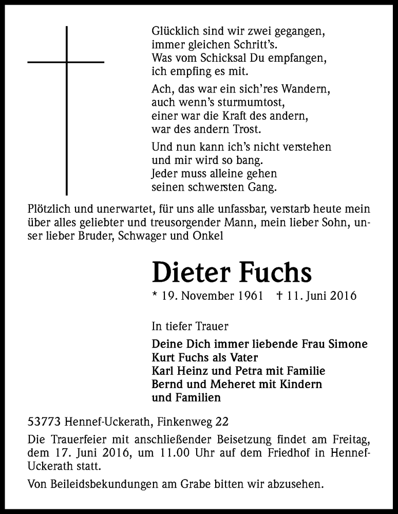  Traueranzeige für Dieter Fuchs vom 15.06.2016 aus Kölner Stadt-Anzeiger / Kölnische Rundschau / Express