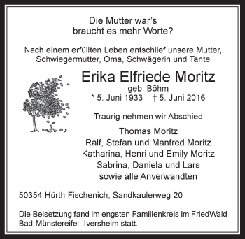 Anzeige von Erika Elfriede Moritz von  Wochenende 